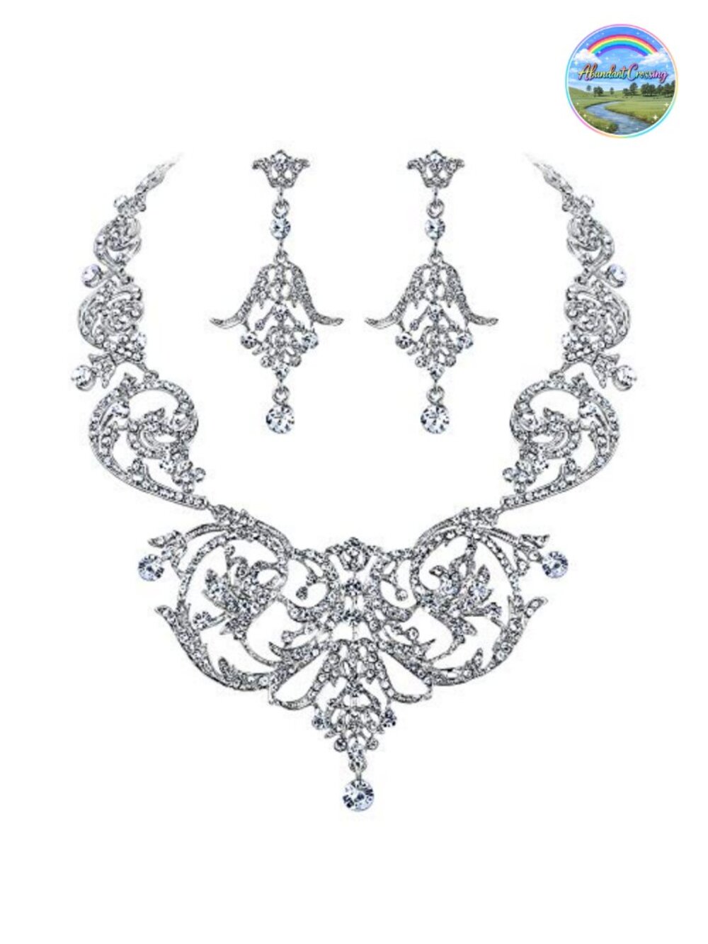 Art Deco Flower Leaf Necklace Earrings Set Crystal Silver-Tone